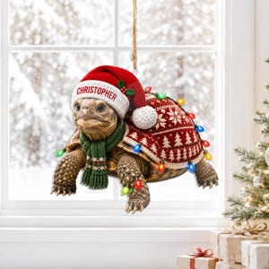 May include: A hanging ornament shaped like a tortoise wearing a red Santa hat with the name CHRISTOPHER printed on the brim, a green knitted scarf, and a red sweater with white tree patterns, decorated with a string of colorful Christmas lights.
