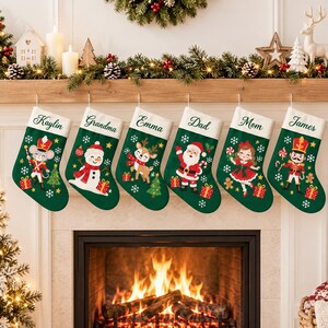 May include: Six dark green Christmas stockings with white cuffs, each personalized with a name. The stockings feature festive illustrations of a mouse, snowman, reindeer, Santa Claus, a girl, and a nutcracker, surrounded by snowflakes and gifts.