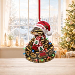 Personlig julgransprydnad med orm, träprydnad med eget namn, present till reptilälskare, festlig julgransdekoration med orm som minnessak