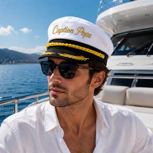Puede incluir: Una gorra de capitán blanca con el texto bordado Caption Pops en hilo dorado. La gorra incluye una visera negra, un cordón trenzado amarillo decorativo en la parte delantera y detalles de hojas de laurel bordadas en oro en la visera.