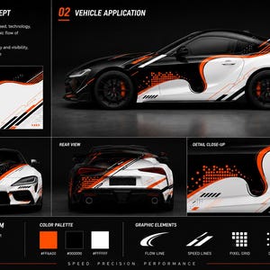 May include: A vehicle wrap design featuring a black and white color scheme with orange accents. The graphic includes flow lines, speed lines, pixel grids, dots, and circuit lines applied to a sports car. The layout shows front, rear, and side views.