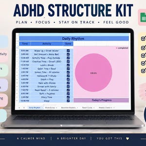May include: A laptop screen displaying an ADHD Structure Kit digital planner. The spreadsheet shows a Daily Rhythm schedule with time slots, activities, and checkboxes. A large pink circle indicates 100% progress. Text includes Plan, Focus, Stay on Track, Feel Good, and Google Sheets Instant Download.