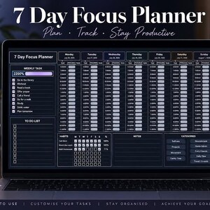 Weekly Planner Daily Task Tracker 7 Day Focus Planner Dark Mode Spreadsheet Google Sheets & Productivity Tracker | Digital download