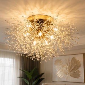Handmade Designer Ceiling Light, Luxury Crystal Chandelier, Gold Flush Mount Fixture, Modern Statement Lighting