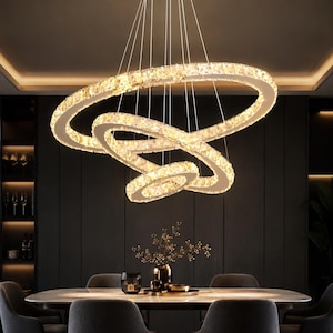 Handmade Crystal Ring Chandelier, Luxury Gold LED Pendant Light, Modern Statement Ceiling Fixture for Dining Room and Living Room