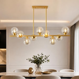 Handmade 9-Light Glass Globe Chandelier, Gold Linear Ceiling Light for Dining Room, Kitchen Island and Modern Living Space