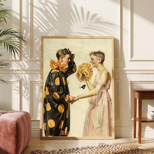 May include: A framed vintage-style illustration depicts a person in a black and yellow polka-dot clown costume with a ruffled collar facing a person in a light pink dress holding a golden wig. The artist signature reads Morris Stanley.