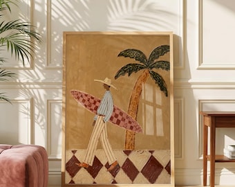 May include: A framed wall art print featuring a person wearing a straw hat, a striped shirt, and light-colored trousers, carrying a pink and white checkered surfboard. The scene includes a palm tree and a floor with a brown and white diamond pattern.