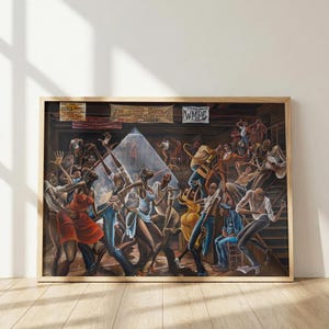 Puede incluir: Una impresión enmarcada de una pintura que representa un salón de baile concurrido titulado The Sugar Shack. La escena muestra numerosas figuras en poses dinámicas bailando bajo una luz brillante, con carteles en la pared que dicen Dance Contest y WMPC.