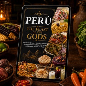 Puede incluir: Una tableta digital que muestra la portada de un libro titulada PERÚ THE FEAST OF THE GODS, con un collage de varios platos peruanos, incluyendo ceviche, lomo saltado y postres, con texto que describe un viaje culinario por la historia.
