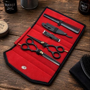 Professionell barbersax, set med hårklippningssax, gallringssax, rakhyvel, kam, resesats