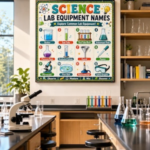 Può includere: Un poster educativo rettangolare intitolato SCIENCE LAB EQUIPMENT NAMES, che presenta dodici illustrazioni numerate di attrezzature da laboratorio tra cui un becher, una provetta, un microscopio e occhiali di sicurezza con testo colorato.
