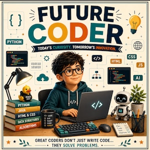 May include: A poster titled FUTURE CODER featuring a person with glasses using a laptop. Surrounding elements include a stack of books labeled Python, Java, HTML & CSS, Data Structures, and Algorithms, a robot, a desk lamp, and coding icons.