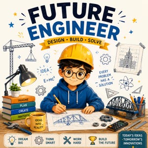 May include: A graphic illustration titled FUTURE ENGINEER DESIGN BUILD SOLVE featuring a person in a yellow hard hat and glasses drawing a bridge on paper. Surrounding elements include books, a lamp, a mug labeled IDEAS INTO REALITY, gears, a calculator, and text including EVERY PROBLEM HAS A SOLUTION and TODAY'S IDEAS TOMORROW'S INNOVATIONS.