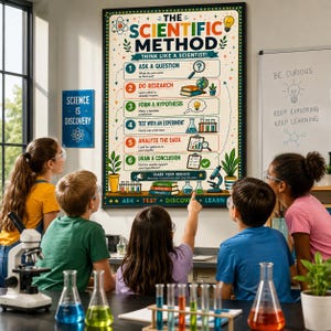 May include: A framed educational poster titled The Scientific Method, Think Like A Scientist, detailing six steps from asking a question to drawing a conclusion. The poster features colorful icons like a magnifying glass, globe, and microscope.