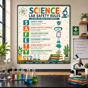 May include: A rectangular wall poster titled Science Lab Safety Rules with colorful illustrations of an atom, microscope, goggles, clipboard, flask, brain, and books. The text outlines safety guidelines including Safety First and Think Before You Act.