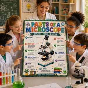 May include: An educational poster titled Parts of a Microscope featuring a central illustration of a microscope with ten labeled components including eyepiece, body tube, nosepiece, objective lenses, stage, stage clips, focus knobs, illuminator, diaphragm, and base.