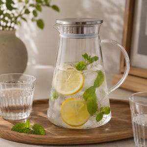 Può includere: Una caraffa in vetro trasparente con coperchio in acciaio inossidabile dotato di filtro integrato. La caraffa è riempita con cubetti di ghiaccio, foglie di menta verde fresca e due fette di limone giallo brillante, con un manico in vetro curvo.