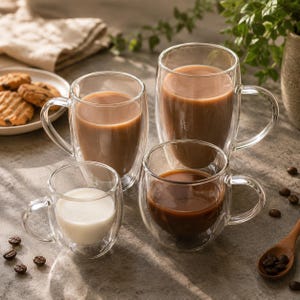 Könnte beinhalten: Vier doppelwandige Tassen aus klarem Glas mit Henkel, die jeweils ein anderes Getränk enthalten. Zwei Tassen sind mit hellbraunem Kaffee gefüllt, eine mit dunklem Kaffee und eine mit weißer Milch. Verstreute Kaffeebohnen liegen um die Tassen.