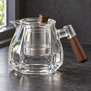 Op de afbeelding: Een theepot van helder glas met een gefacetteerd geometrisch lichaam, voorzien van een uitneembare metalen zeef, een glazen deksel met een donkerbruine houten knop en een zijhandvat met een donkerbruine houten greep.