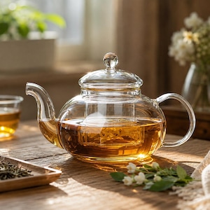 Könnte beinhalten: Eine Teekanne aus klarem Glas mit rundem Körper, gebogenem Ausguss, Glasgriff und einem herausnehmbaren Glaseinsatz. Die Kanne ist mit bernsteinfarbenem Tee gefüllt und mit einem passenden Glasdeckel mit einem kleinen kugelförmigen Knauf versehen.
