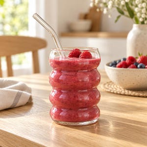 Może przedstawiać: Przezroczysta, żebrowana szklanka wypełniona gęstym, różowym smoothie owocowym, udekorowana dwiema świeżymi malinami i wyposażona w pasującą, szklaną słomkę, wyróżniająca się charakterystycznym wzorem z kilkoma zaokrąglonymi warstwami.