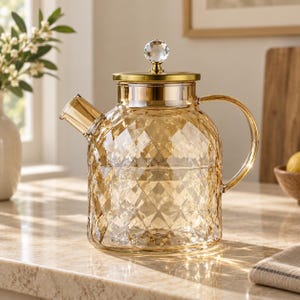 Op de afbeelding: Een glazen theepot met een warme amberkleurige tint en een ruitvormig textuurpatroon. De pot heeft een goudkleurig metalen deksel met een heldere, gefacetteerde kristallen knop, een gebogen glazen handvat en een korte, schuine tuit.