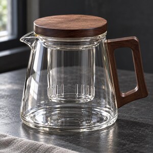 Theepot van borosilicaatglas met infuser, handvat en deksel van walnoothout | Hittebestendige theepot voor losse thee (800 ml) | Zen thee cadeau