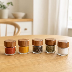 Op de afbeelding: Vijf kleine, doorzichtige glazen potjes met cilindrische houten deksels op een rij. Elk potje bevat een andere specerij: rood poeder, geel poeder, zwarte peperkorrels, groene gedroogde kruiden en wit zout, geplaatst op een houten ondergrond.