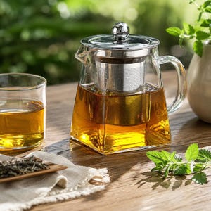 May include: A square-shaped glass teapot with a stainless steel lid and a fine mesh infuser basket inside. The teapot is filled with amber-colored tea and features a clear glass handle. A matching glass cup of tea sits beside the teapot.