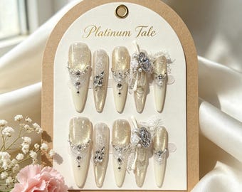 White Lace Gold Glitter Press On Nails, Long Almond Nails, Elegant Handmade Gift Nails For Her