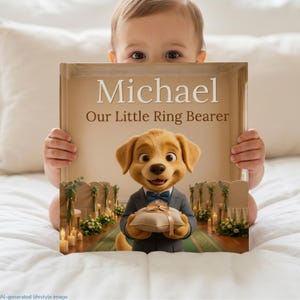 Peut inclure: Un livre carré à couverture rigide intitulé Michael Our Little Ring Bearer illustré d'un chiot golden retriever en costume sombre et nœud papillon bleu, tenant un petit coussin beige avec deux alliances dorées dans une allée de mariage.