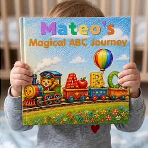 May include: A hardcover children's book titled Mateo's Magical ABC Journey. The cover features a colorful illustration of a train with a bear conductor, carrying letters A, B, and C in its cars, with a rainbow hot air balloon in the sky.