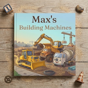 Peut inclure: Un livre pour enfants carré intitulé Max's Building Machines présentant une illustration colorée d'un bulldozer jaune, d'un camion-benne et d'une bétonnière sur un chantier avec une grue en arrière-plan sous un ciel bleu clair.