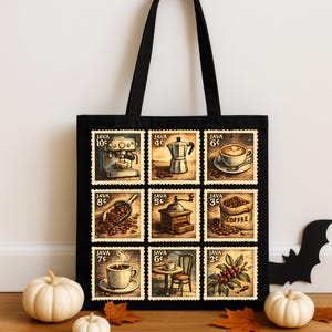 May include: A black tote bag featuring a grid of nine vintage-style postage stamp illustrations depicting coffee-related items, including an espresso machine, a moka pot, a cup of latte, coffee beans, a grinder, a sack of coffee, and a coffee plant.