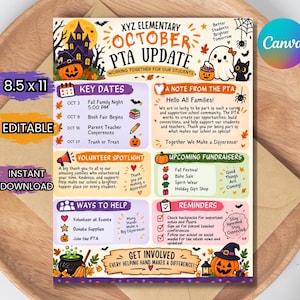 May include: An 8.5 x 11 inch XYZ Elementary October PTA Update flyer featuring Halloween graphics including a haunted house, a ghost, a black cat, and pumpkins. The document contains sections for key dates, volunteer spotlight, fundraisers, and reminders with colorful text and icons.