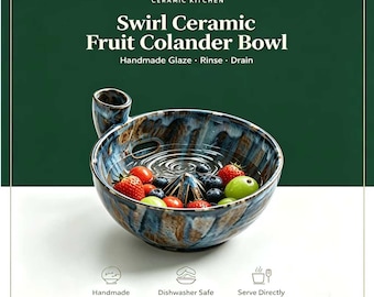 Glazed Ceramic Vortex Berry Washer Bowl, Side Fill Fruit Strainer Bowl, Multi-use Decorative Fruit Serving Dish