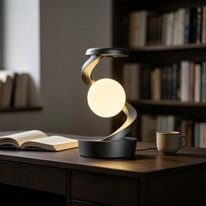 Puede incluir: Una lámpara de mesa negro mate con un marco escultural en forma de S que sostiene una bombilla esférica blanca brillante en el centro. La lámpara tiene una base circular y una pieza superior a juego, creando un efecto flotante para la luz.