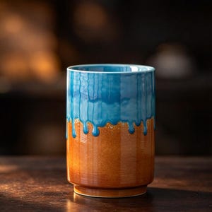 May include: A cylindrical ceramic mug featuring a two-tone glaze. The upper portion is a glossy, vibrant turquoise blue that drips down over the lower section, which is a warm, textured amber brown with a subtle, fine-grained finish throughout.