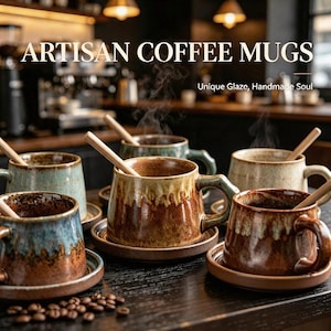 Rustic drip‑glaze ceramic mug set including saucer & spoon, textured pottery cup for coffee tea, vintage home drinkware gift.