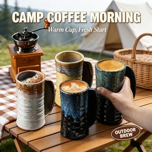 May include: Four tall ceramic mugs with textured, rippled surfaces and varied glaze colors including white, yellow, blue, and green. The mugs are arranged on a wooden table alongside a manual coffee grinder and a wicker basket. Text reads CAMP COFFEE MORNING, Warm Cup, Fresh Start, and OUTDOOR BREW.
