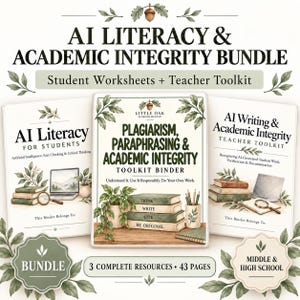 Op de afbeelding: Een bundel over AI-geletterdheid en academische integriteit met drie educatieve bronnen. De covers tonen titels zoals AI Literacy for Students, Plagiarism, Paraphrasing & Academic Integrity en AI Writing & Academic Integrity Teacher Toolkit.