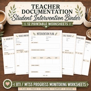 May include: A set of 12 printable teacher documentation student intervention binder worksheets. The pages include headers for baseline data, progress monitoring, intervention plan, skill tracker, intervention schedule, and session notes.