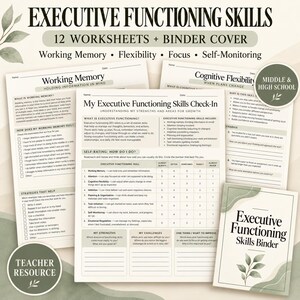 May include: A set of 12 educational worksheets and a binder cover titled Executive Functioning Skills. The documents include sections for Working Memory, Cognitive Flexibility, and a check-in form for self-rating strengths and challenges.