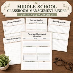 May include: A set of printable worksheets for a middle school classroom management binder. The pages feature headers like Classroom Expectations, Classroom Procedures, Behavior Expectations, Behavior Documentation Log, and Classroom Management Overview.