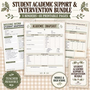 May include: A student academic support and intervention bundle featuring 5 binders and 65 printable pages. The documents include a missing work student snapshot, an academic snapshot, and a weekly student progress report with a beige gingham background.