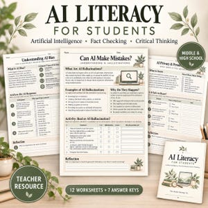 May include: Educational worksheets titled AI Literacy for Students featuring sections on AI bias, hallucinations, and privacy. The pages include text, checkboxes, and tables for classroom activities, with a small cover page and green leaf accents.
