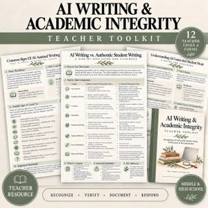 Może przedstawiać: Zestaw dokumentów edukacyjnych zatytułowanych AI Writing & Academic Integrity Teacher Toolkit. Materiały obejmują drukowane przewodniki z porównaniami, listy kontrolne do identyfikacji pisania wspomaganego przez AI oraz okładkę segregatora z grafikami książek.