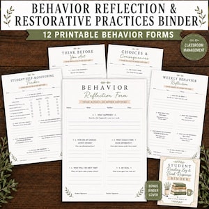 Puede incluir: Una colección de formularios de reflexión sobre el comportamiento imprimibles y una portada de carpeta para el registro de lectura del estudiante. Los documentos presentan texto negro sobre papel blanco con títulos como Behavior Reflection Form.