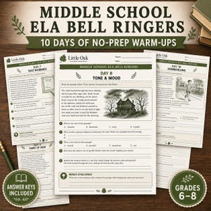 Può includere: Un set di schede didattiche intitolate Middle School ELA Bell Ringers, 10 Days of No-Prep Warm-Ups. Le pagine contengono brani di lettura, domande a scelta multipla ed esercizi di scrittura su tono, umore, prove testuali e riassunti.